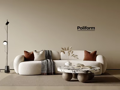 Modern White Sofa Coffee Table Set with Brown Cushions Striped Throw and Poliform Design 3d model