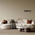 Modern White Sofa Coffee Table Set with Brown Cushions Striped Throw and Poliform Design
