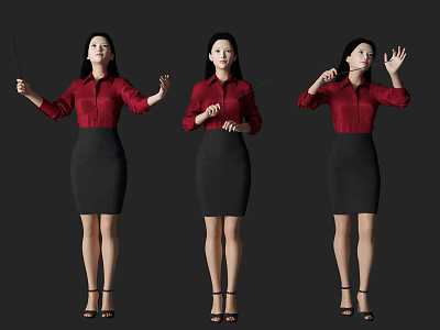 Woman in Red Shirt Black Skirt Posing with Baton Various Gestures on Dark Background 3d model