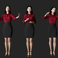 Woman in Red Shirt Black Skirt Posing with Baton Various Gestures on Dark Background
