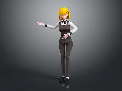 Woman With Blonde Hair In Professional Outfit Gesturing With Extended Hand Against Gray Background 3d model