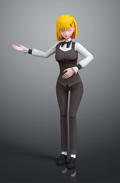 Woman With Blonde Hair In Professional Outfit Gesturing With Extended Hand Against Gray Background 3d model