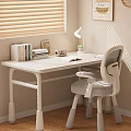 White Desk and Chair Set with Books Photo Frame Lamp Small Plant in Cozy Room