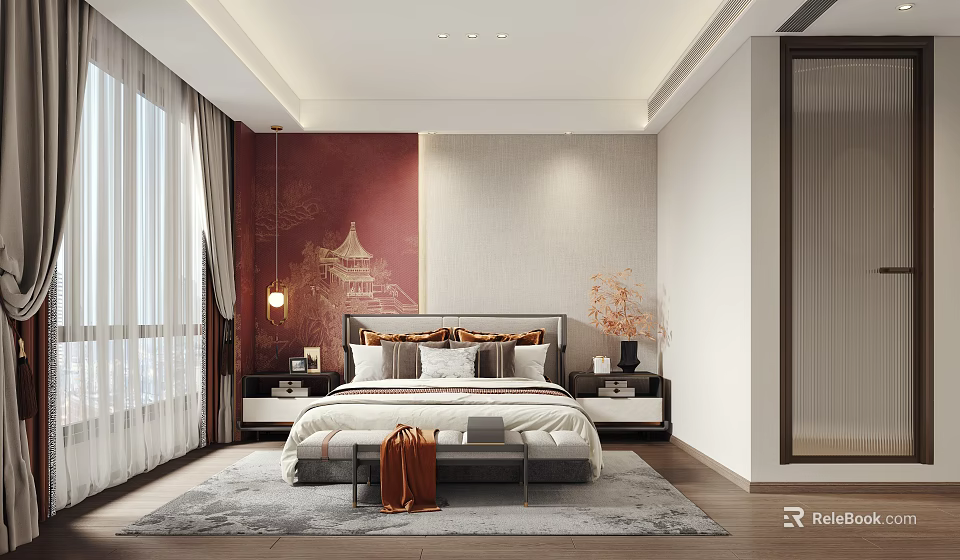 Elegant Modern Bedroom Interior With Decorative Wall Bedside Tables And Area Rug 3d model 
