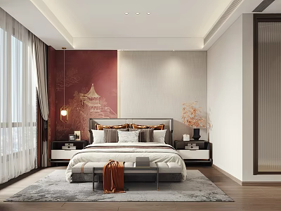 Elegant Modern Bedroom Interior With Decorative Wall Bedside Tables And Area Rug 3d model
