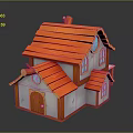 Cartoon Style Two Story House With Red Tiled Roof White Walls And Brown Door