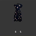 Dark Blue Short Sleeve Dress With Pink Floral Pattern And White Flat Shoes