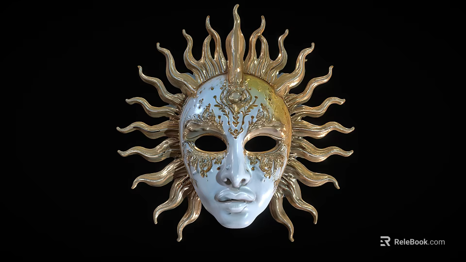 Golden Sun Mask With White Face And Ornate Decorations As Living Decorative Item 3d model 