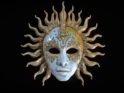 Golden Sun Mask With White Face And Ornate Decorations As Living Decorative Item 3d model
