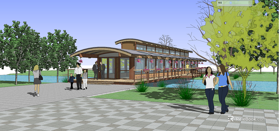 Scenic Wooden Covered Bridge Over River With Pedestrian Path And Green Trees 3d model 