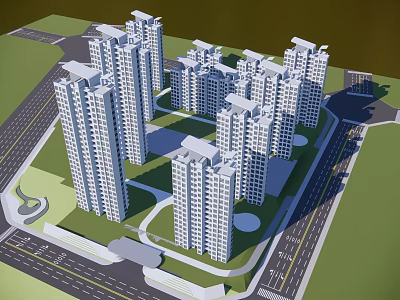 Modern Residential Complex 3D Rendering With High Rise Buildings Green Spaces And Road Layout 3d model