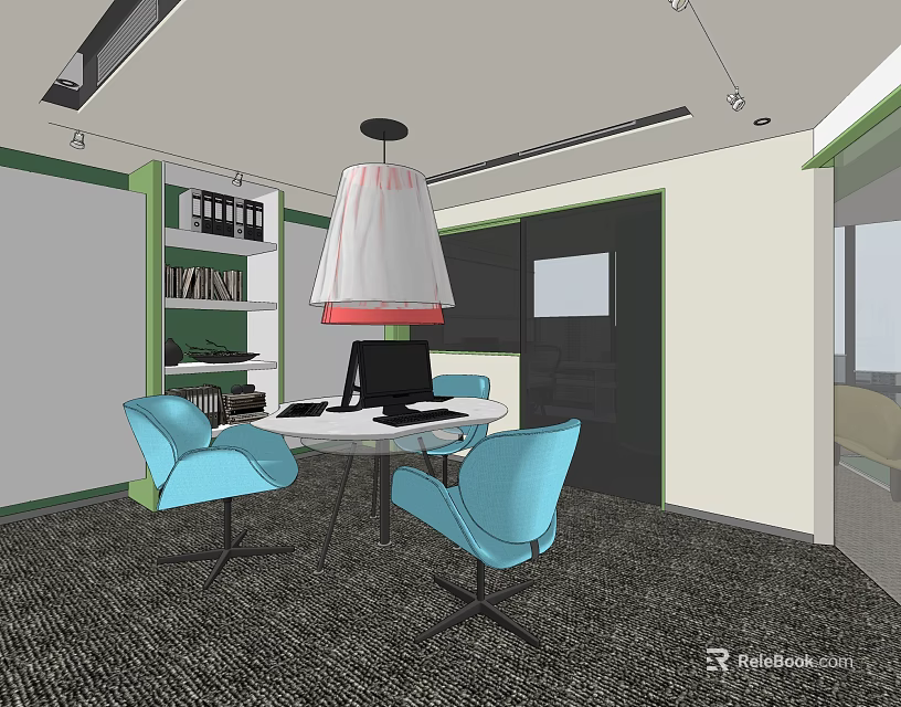 Modern Hotel Public Lounge Area With Round Table Blue Chairs Hanging Lamp And Bookshelf 3d model 