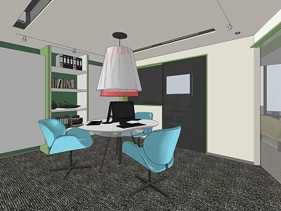Modern Hotel Public Lounge Area With Round Table Blue Chairs Hanging Lamp And Bookshelf 3d model