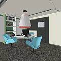 Modern Hotel Public Lounge Area With Round Table Blue Chairs Hanging Lamp And Bookshelf