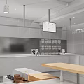 Modern Tea Restaurant Interior With Gray Walls White Counter Long Tables And Hanging Lights