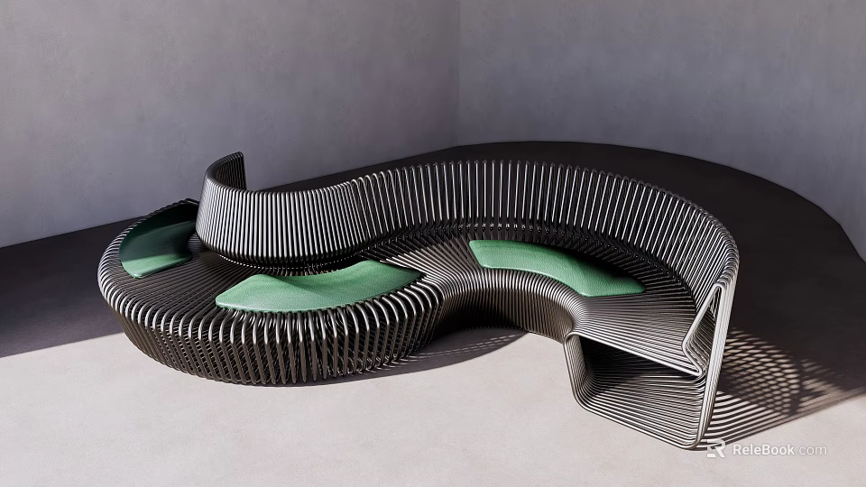 Modern Curved Outdoor Chair With Black Metal Vertical Slats And Green Cushions 3d model 