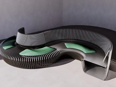 Modern Curved Outdoor Chair With Black Metal Vertical Slats And Green Cushions 3d model