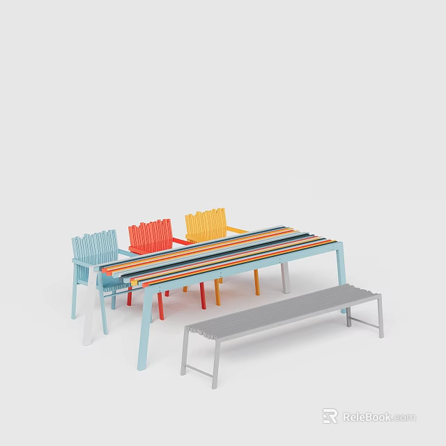 Colorful Modern Dining Table Set With Striped Top Multi Colored Chairs And Matching Bench 3d model 