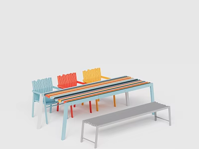 Colorful Modern Dining Table Set With Striped Top Multi Colored Chairs And Matching Bench 3d model