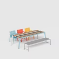 Colorful Modern Dining Table Set With Striped Top Multi Colored Chairs And Matching Bench