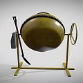 Yellow Construction Concrete Mixer On Metal Stand With Wheel And Shovel