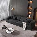Elegant Dark Gray Modern Three-Seater Sofa with Throw Blanket Cushions Floor Lamp and Window Curtains