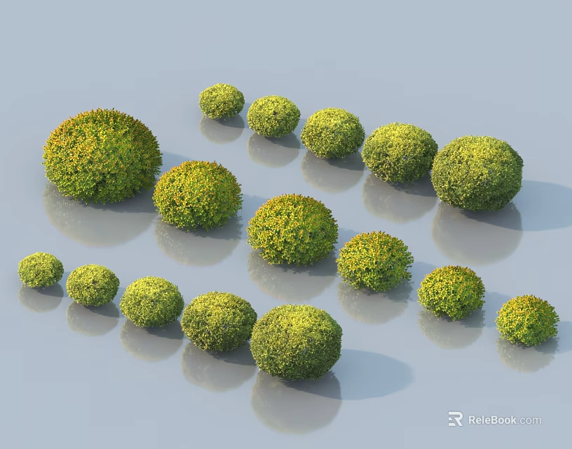 Round Green Bushes of Various Sizes Arranged in Natural Garden Landscape 3d model 