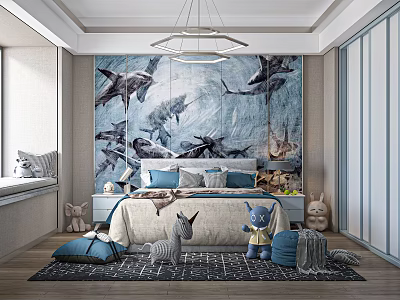 Modern Kids Room Interior With Whale Mural Chandelier Stuffed Toys And Soft Rug 3d model