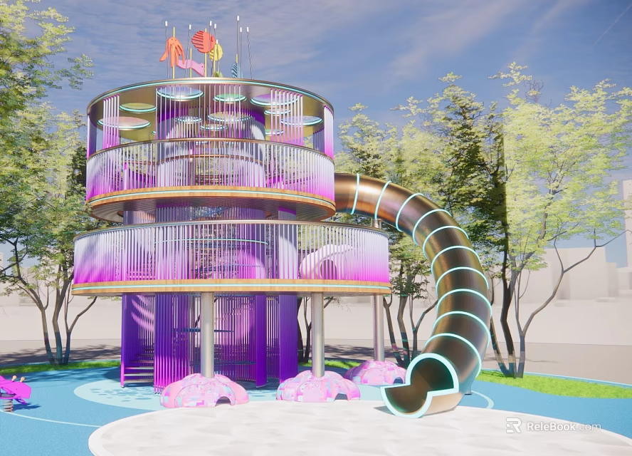 Colorful Multi Level Playground Equipment With Spiral Slide And Surrounding Trees 3d model 