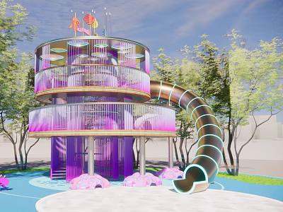 Colorful Multi Level Playground Equipment With Spiral Slide And Surrounding Trees 3d model