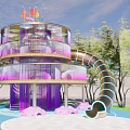 Colorful Multi Level Playground Equipment With Spiral Slide And Surrounding Trees