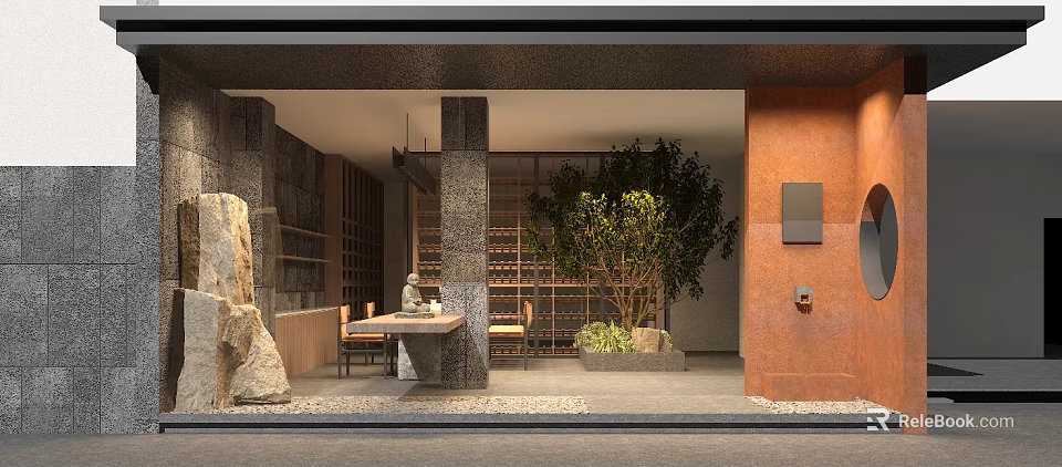Tea House Interior Design With Stone Accents And Lush Greenery 3d model 