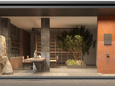 Tea House Interior Design With Stone Accents And Lush Greenery 3d model