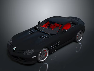 Black Sports Car with Red Interior Sleek Body Design and Shiny Wheels on Reflective Surface 3d model