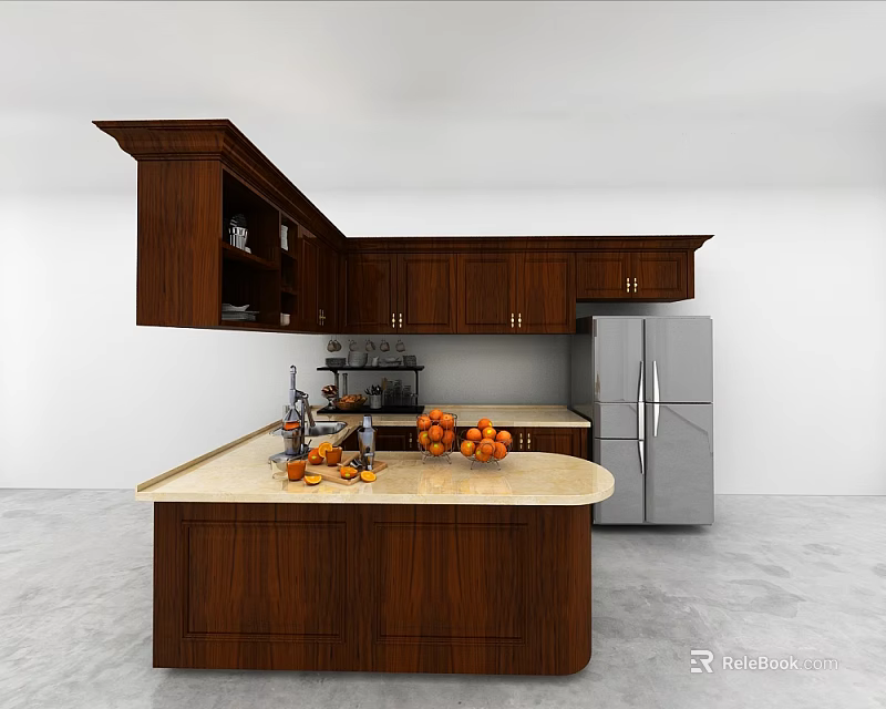 Dark Wooden Kitchen Cabinets With Island Counter Fresh Oranges And Stainless Steel Refrigerator 3d model 