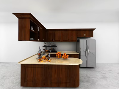 Dark Wooden Kitchen Cabinets With Island Counter Fresh Oranges And Stainless Steel Refrigerator 3d model
