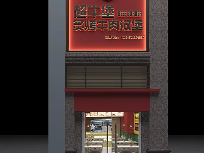 Grilled Beef Burger Restaurant Featuring Red Signboard And Exterior Design 3d model
