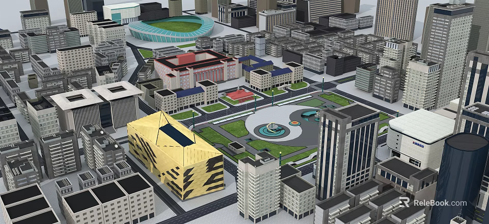 Detailed Urban City Model Featuring Modern Buildings Stadium And Central Plaza 3d model 