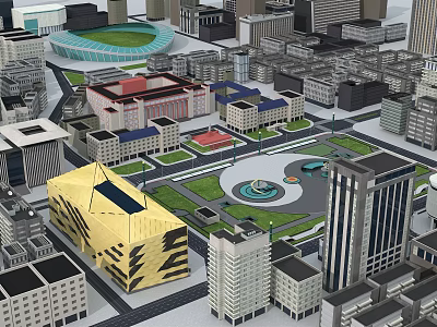 Detailed Urban City Model Featuring Modern Buildings Stadium And Central Plaza 3d model
