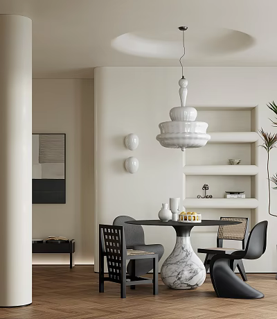 Modern Restaurant Interior with White Pendant Light Marble Round Table Grey Chairs and Green Plants 3d model