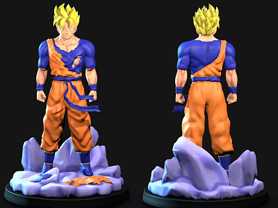 Anime Action Figure With Yellow Hair Blue Top And Orange Pants Standing On Rock Base 3d model