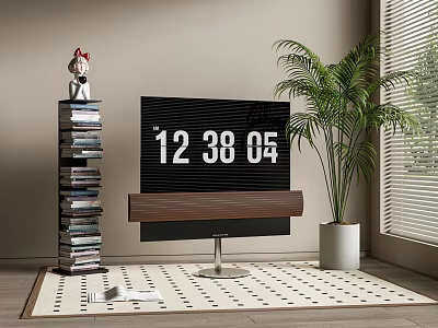 Modern TV with Soundbar on Patterned Rug Near Book Stack and Potted Plant 3d model