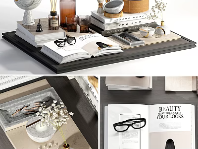 Elegant Decorative Ornament Set With Globe Open Books Eyeglasses And Tray 3d model