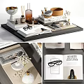 Elegant Decorative Ornament Set With Globe Open Books Eyeglasses And Tray