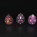 Three Egg Shaped Decorative Ornament Set Orange Purple Pink Accents Glowing Details Intricate Patterns