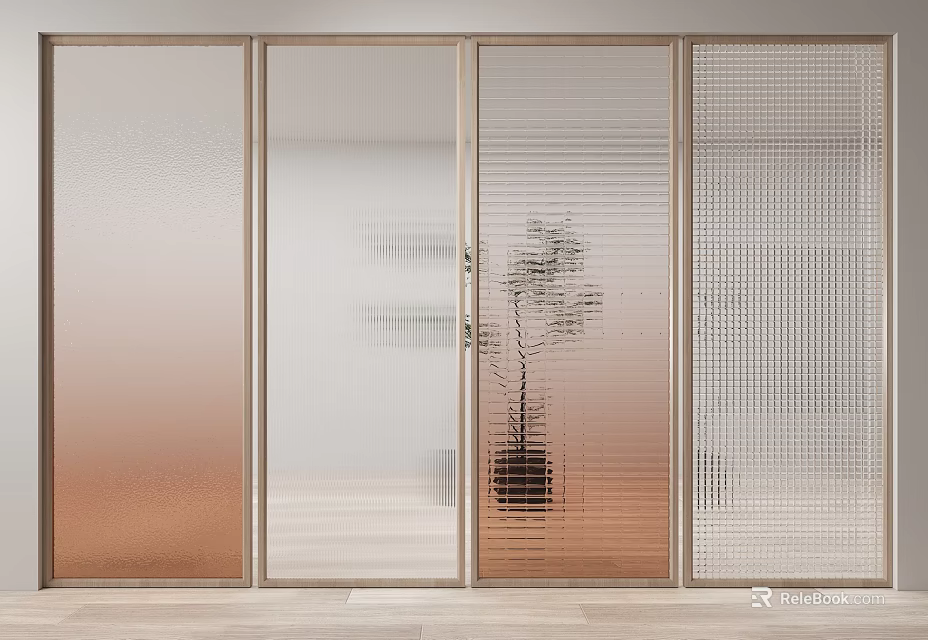 Modern Interior Glass Partition With Gradient Transparent Stripe And Grid Designs 3d model 