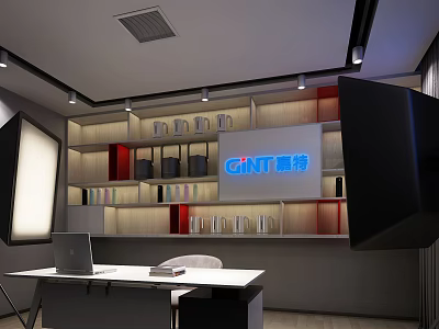 Public Office Space With Modern Design Multi Tiered Shelves And Laptop On Desk 3d model