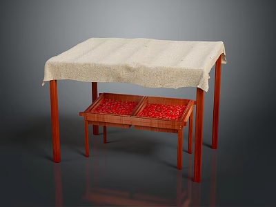 Modern Table Setup With Linen Tablecloth And Wooden Tray Holding Red Items 3d model