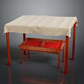 Modern Table Setup With Linen Tablecloth And Wooden Tray Holding Red Items