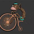 Copper Accent Table With Monkey Riding Bicycle Decoration On Dark Reflective Surface